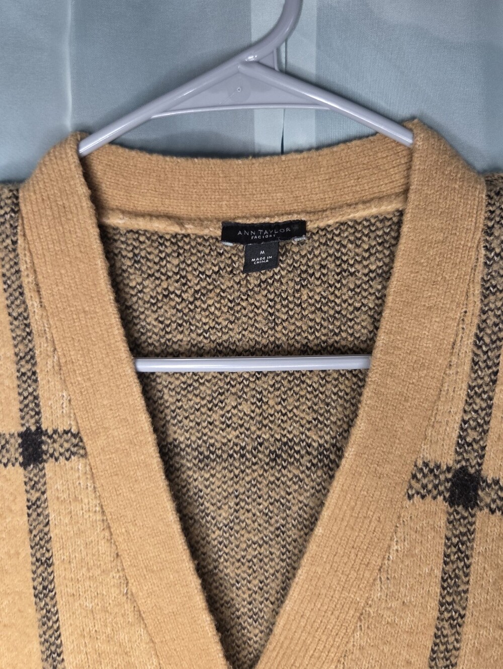 Ann Taylor Camel Plaid Button Front Cardigan - Picture 3 of 7